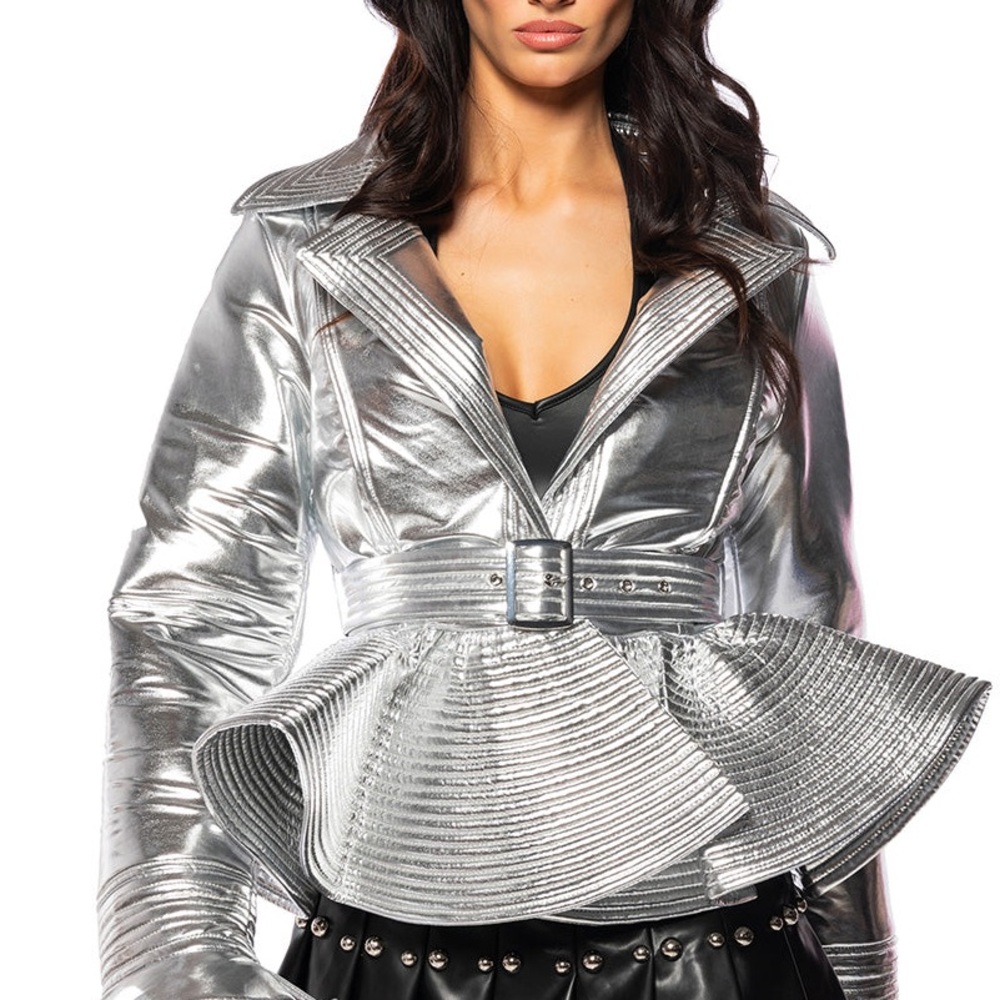 AKIRA Metallic Silver Peplum Jacket